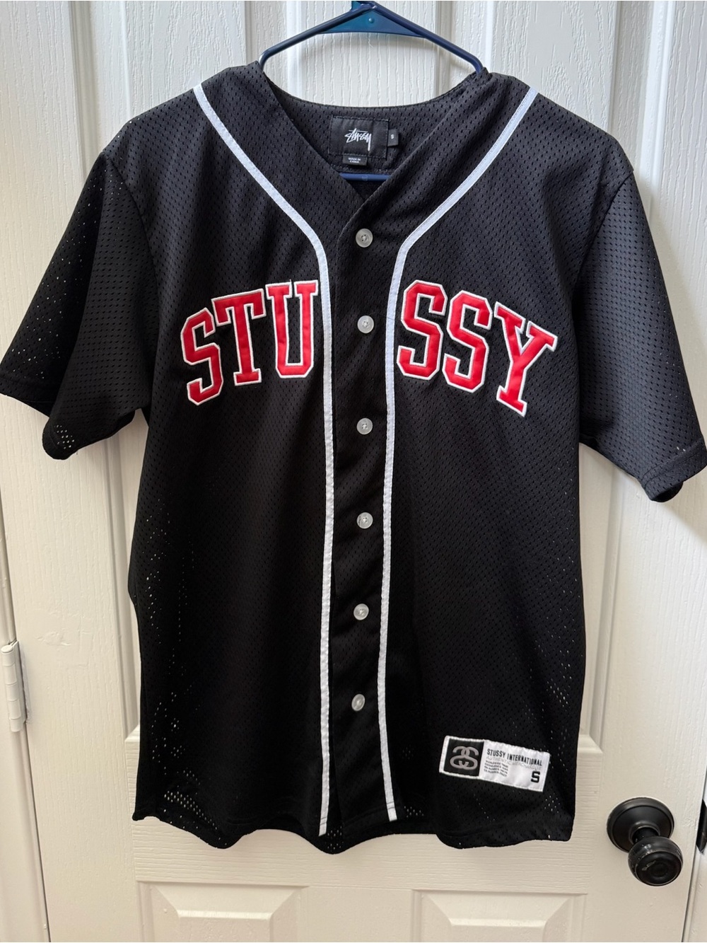 Stussy Black Mesh Jersey with White Logo Patch- Men’s